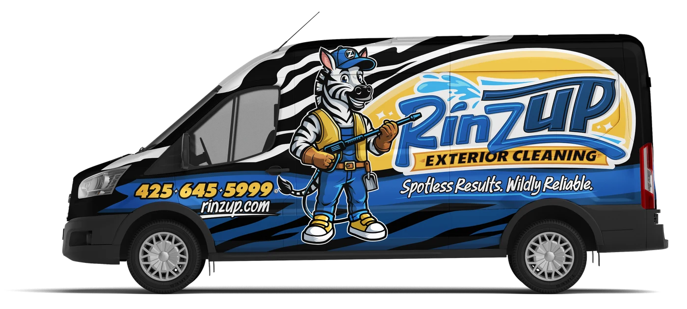 The RinzUP Exterior Cleaning van, wrapped with Zeke the Zebra and 425-645-5999