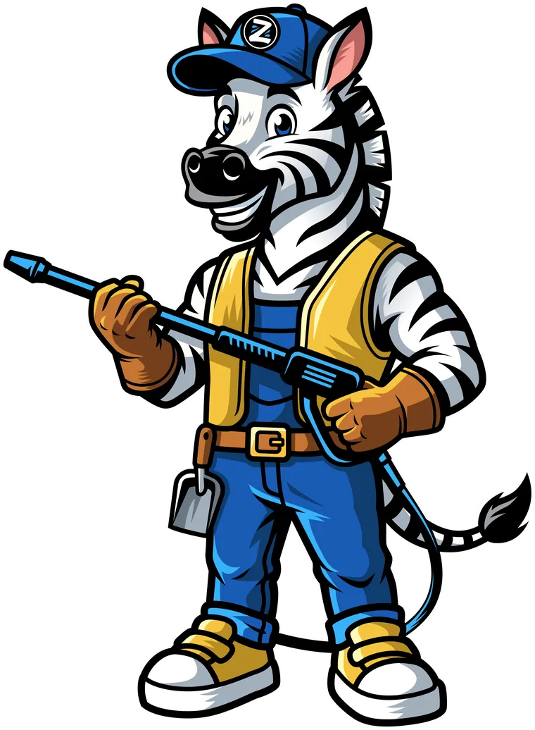 Zeke the Zebra, the RinzUP mascot, holding a pressure washer